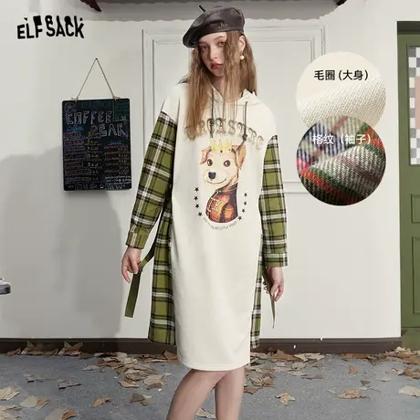 妖精的口袋拼接格纹长袖连衣裙女2023早春新款宽松印花连帽卫衣裙图片