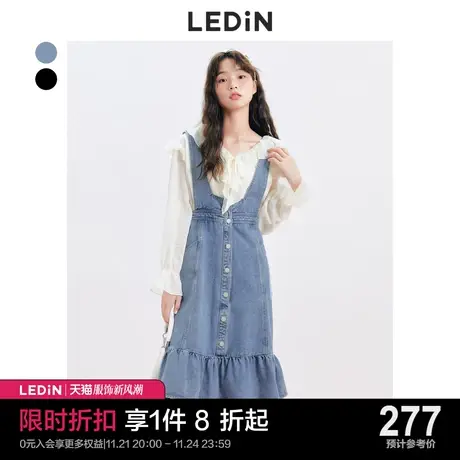 乐町牛仔双色收腰背带裙2023春夏女装初春小个子设计气质连衣裙商品大图