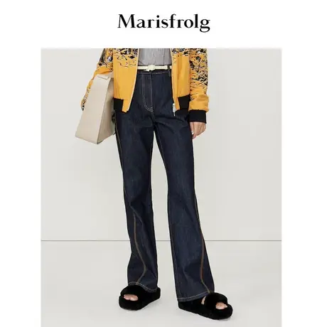 【复古微喇】玛丝菲尔春季深蓝色休闲阔腿裤微喇牛仔裤女高腰显瘦商品大图