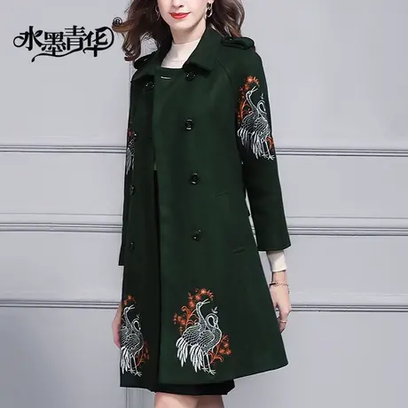 水墨青华春装新品时尚优雅气质凤凰绣花大衣刺绣毛呢外套图片