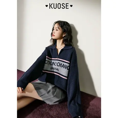 阔色美式复古学院风针织衫女2022秋冬新款宽松Polo领拉链毛衣商品大图