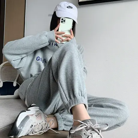 华夫格运动裤女宽松2023秋冬新款高腰显瘦束脚灰色卫裤休闲哈伦裤商品大图