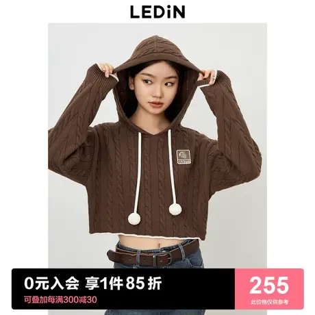乐町新品连帽针织上衣2023秋季新款女装学院风绞花长袖短款毛衣商品大图