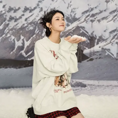 yep圆领卫衣女加绒2023新款慵懒风设计感小众上衣美式复古外套潮商品大图