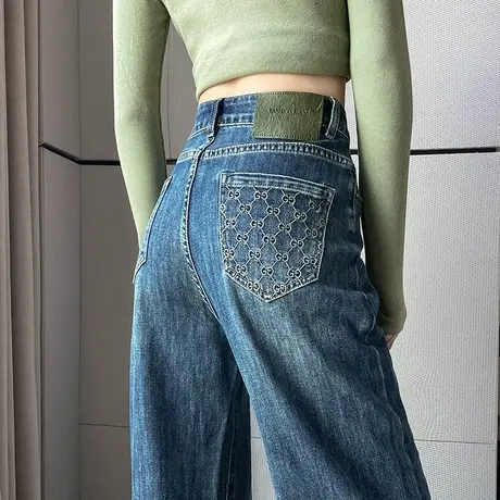 复古阔腿牛仔裤女2023秋季新款高腰显瘦垂感窄版直筒百搭拖地长裤图片