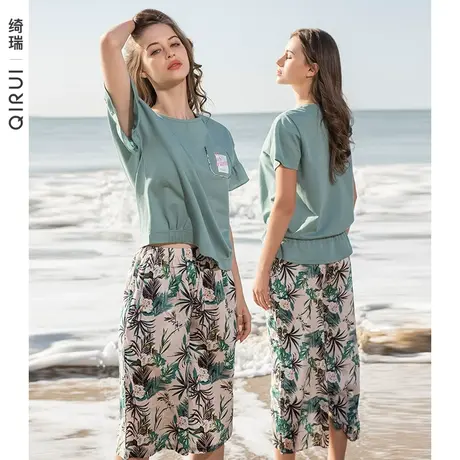 绮瑞高级感睡衣女士夏季丝光棉薄款短袖七分裤棉质夏天家居服套装商品大图