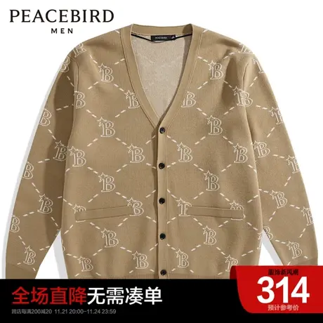 太平鸟男装奥莱冬满印毛开衫V领针织衫图片