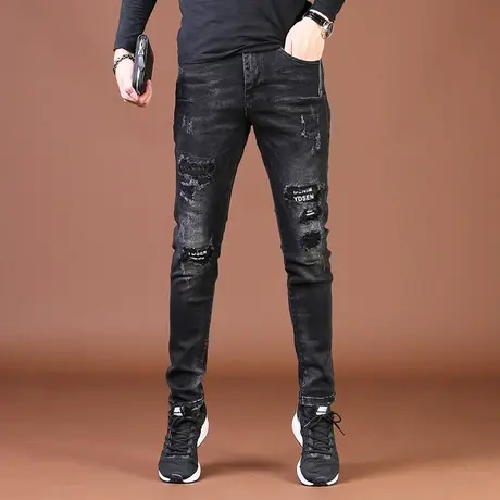 秋冬季黑色破洞牛仔裤男款2024新款潮牌修身小脚潮流痞帅男士裤子商品大图