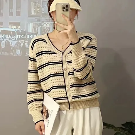 2023秋装新款韩版宽松长袖针织衫女百搭上衣毛衣V领条纹纽扣开衫图片