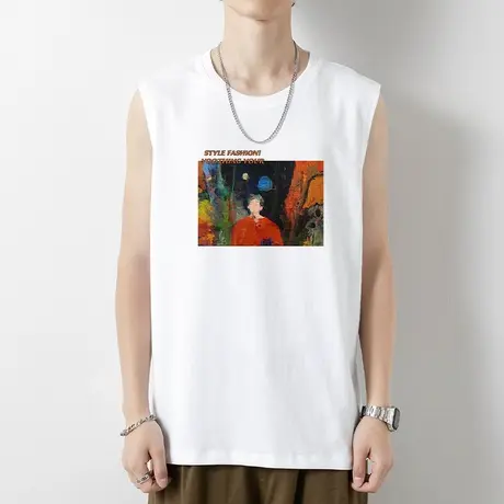 男士背心纯棉无袖t恤潮牌印花夏季健身运动宽肩坎肩篮球跨栏汗衫图片