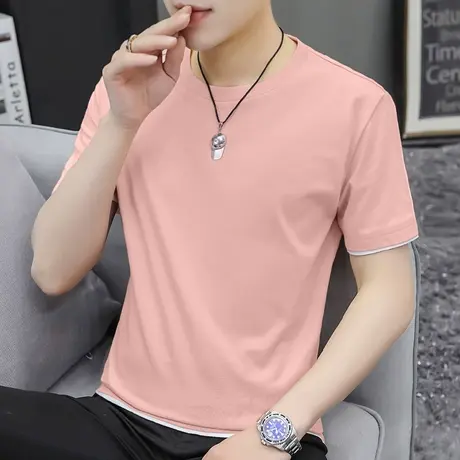 纯棉t恤短袖男装夏季圆领上衣服潮牌潮流宽松粉色体恤衫全棉半袖商品大图