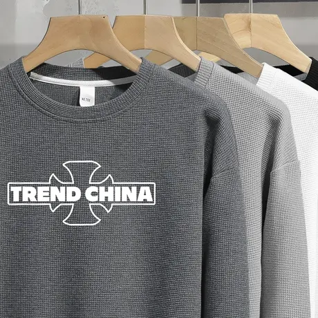 华夫格卫衣男2024秋季新款中国潮流宽松百搭圆领无帽上衣长袖t恤商品大图