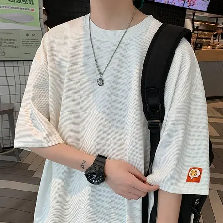笑脸绣标华夫格短袖t恤男夏季港风纯色宽松上衣潮流薄款半袖体恤t商品大图
