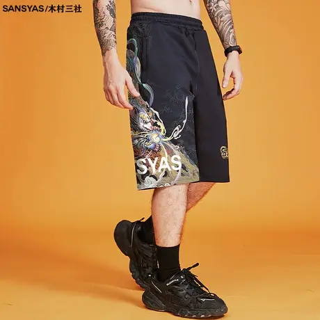 木村三社x心境澄明 联名款高街短裤男潮牌夏季运动宽松抽绳休闲裤商品大图