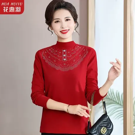 中老年女长袖t恤女红色秋装减龄洋气妈妈打底衫上衣中年妇女小衫商品大图