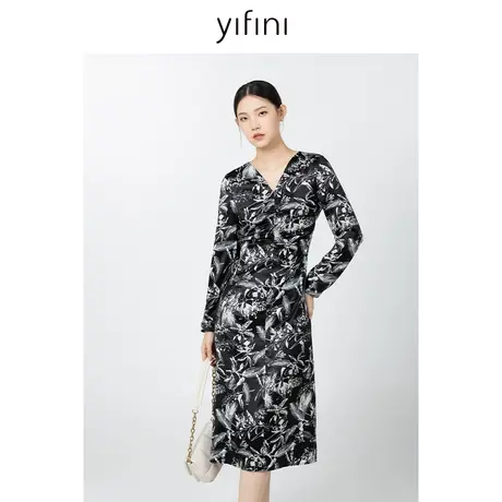 Yifini/易菲法式V领气质印花抽褶长袖中长款连衣裙女秋季新款图片