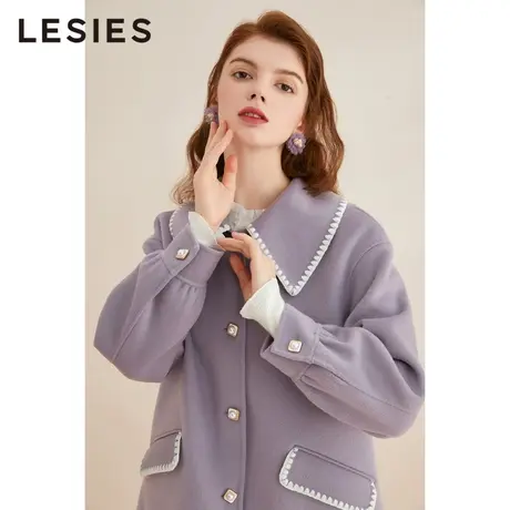 LESIES蓝色倾情秋冬装翻领绣花单排扣羊毛长袖淑女毛呢大衣外套图片