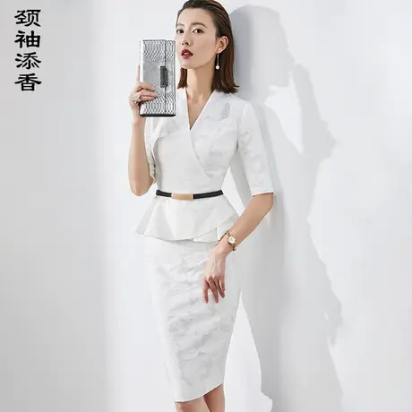 颈袖添香2023春季新款女装总裁气质两件套西装白色女裙套装商品大图