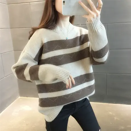 圆领拼色粗条纹针织套头上衣2023年秋冬新款韩版毛衣打底衫潮百搭商品大图
