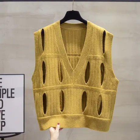 镂空设计师v领针织马甲背心女2023秋装新款宽松外穿马夹毛衣坎肩图片