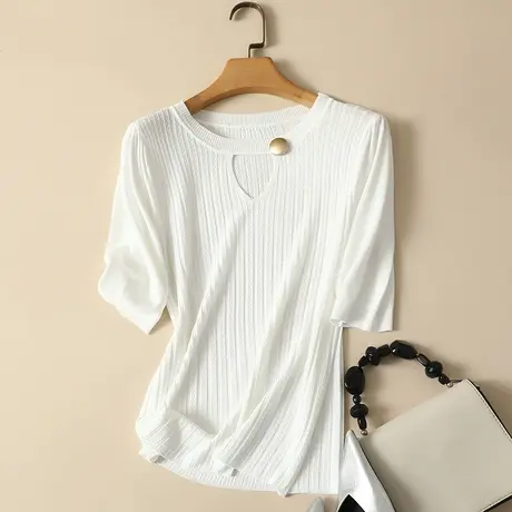 冰丝针织衫短袖t恤女2024春夏新款圆领中袖显瘦薄款打底衫女上衣商品大图