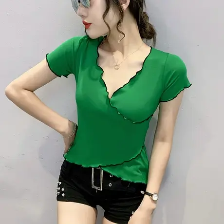 性感深V领交叉T恤女短袖夏小众不规则上衣高腰短款丅恤半袖ins潮商品大图