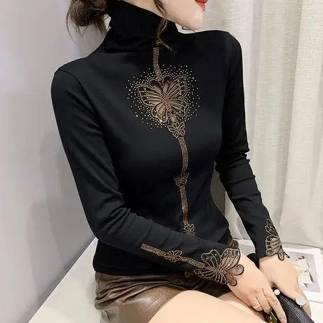 半高领磨毛打底衫女秋冬洋气烫钻性感镂空长袖T恤女内搭加厚上衣商品大图