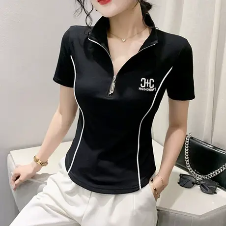 欧货拉链翻领T恤女短袖夏装ins洋气网红个性上衣修身弧形下摆小衫商品大图