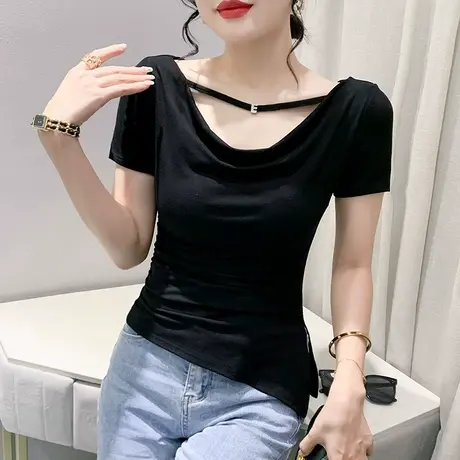 时尚不规则短袖T恤女士性感露肩一字领小衫开叉收腰上衣洋气半袖商品大图