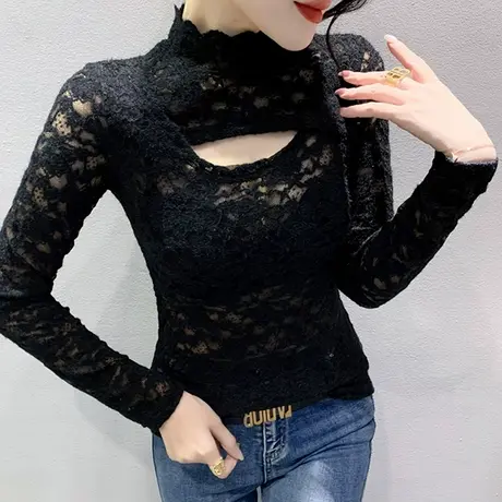 性感镂空蕾丝衫女长袖2024春秋新款内搭半高领小衫气质修身上衣潮图片