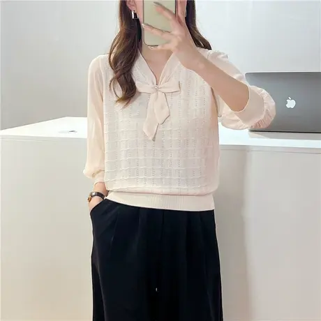 半袖冰丝针织衫女上衣春季2023年新款洋气七分袖打底衫女薄款内搭商品大图