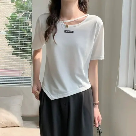 不规则白色正肩短袖t恤女夏季2023年新款设计感小众短款上衣ins潮商品大图