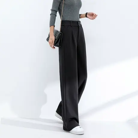 黑色毛呢阔腿裤女直筒宽松秋冬2023新款加绒加厚高腰休闲拖地长裤商品大图