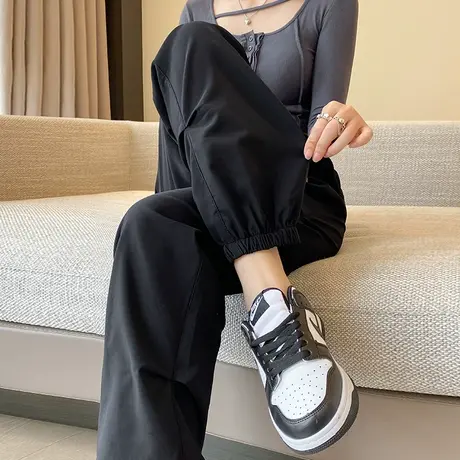 美式阔腿束脚工装裤子女2023秋季新款高腰显瘦宽松直筒休闲运动裤图片
