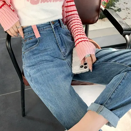 蓝色挽边哈伦牛仔裤女2023新款春秋款高腰显瘦直筒九分萝卜老爹裤商品大图