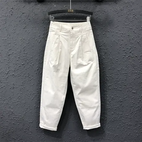 米白牛仔哈伦裤2023春夏季新款欧货女抽褶设计显瘦宽松休闲老爹裤图片