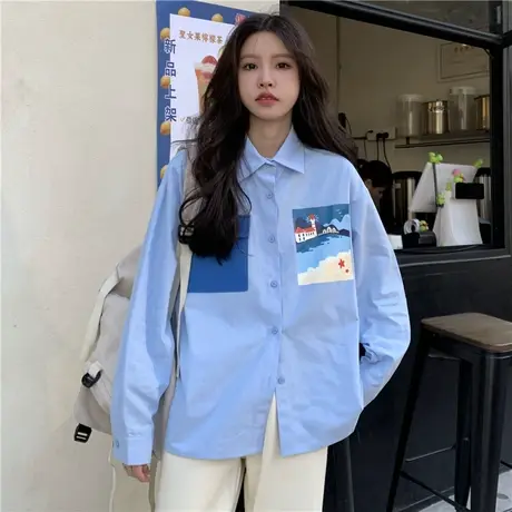 日系衬衫女秋季复古港味设计感小众法式高级别致长袖方领上衣外套图片