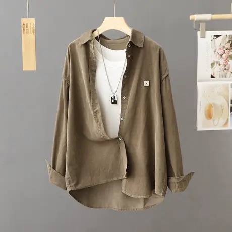 灯芯绒衬衫外套女式秋冬外搭叠穿春秋衬衣中长款上衣韩版宽松开衫商品大图