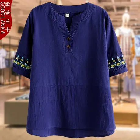 中年胖妈妈洋气夏装200斤棉麻短袖上衣时尚加肥加大码女装绣花T恤商品大图