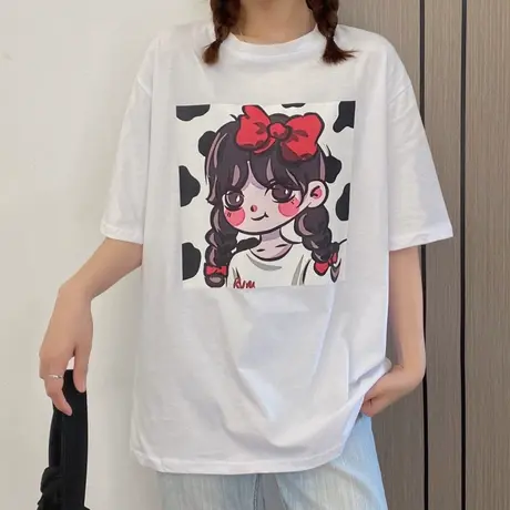 白色短袖t恤女2021新款宽松韩版纯棉半袖ins原宿bf慵懒风上衣服潮图片