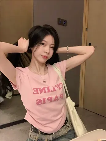美式复古甜辣风发泡字母印花短袖T恤女夏季修身显瘦短款褶皱上衣商品大图