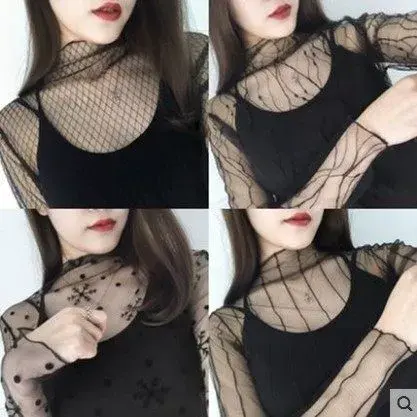网纱打底衫女长袖秋冬百搭2024春装新款韩版时尚性感内搭蕾丝上衣商品大图