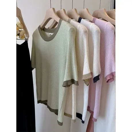 柔柔的显白色系 拼色洋气显瘦短款轻薄圆领套头针织衫上衣女23夏商品大图