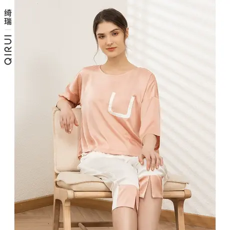 绮瑞丝绸睡衣女士夏季半袖七分裤薄款夏天绸缎纯色家居服套装夏款商品大图