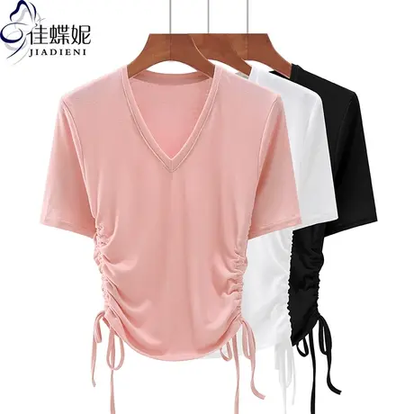 夏新款韩版V领修身纯棉纯色抽绳纯欲短款短袖体恤上衣内搭女打底商品大图