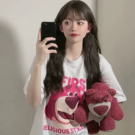 美式卡通t恤女草莓熊大码oversize宽松短袖夏季纯棉ins半袖上衣潮商品大图