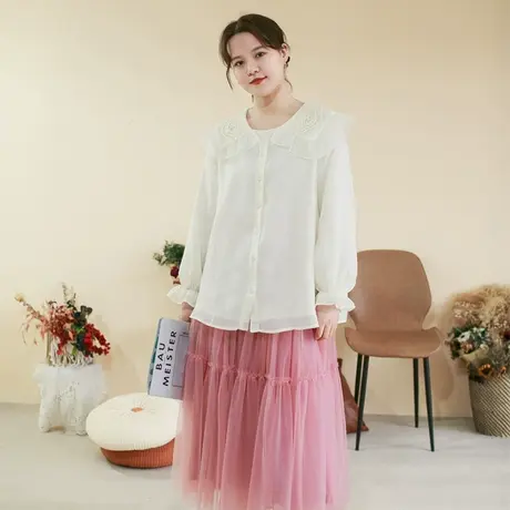 【买一送一】秋新品法式仙气长袖衬衫大码刺绣大翻领内搭衬衣商品大图