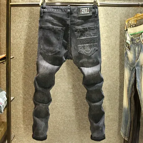 欧洲站秋冬款牛仔裤男修身小脚裤潮牌立体烫印黑灰色百搭弹力长裤商品大图