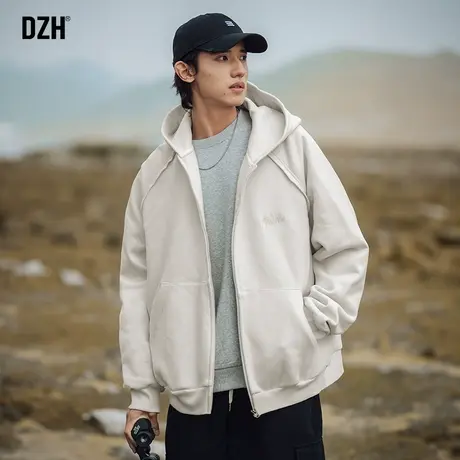 男士杏色拉链开衫连帽卫衣男美式高街男女秋冬季帽衫外套2023新款商品大图