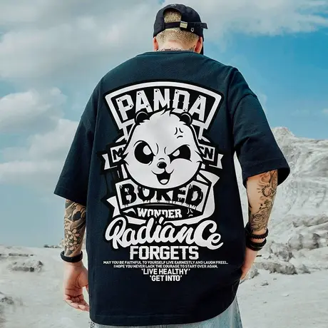 oversize欧美潮牌大码胖子男装国潮熊猫宽松短袖T恤潮流ins半袖夏商品大图